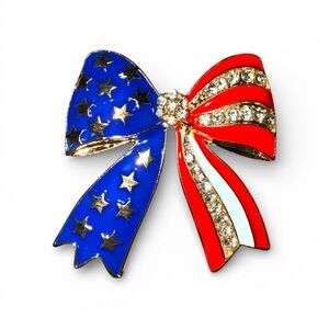 Bow American Flag with Rhinestones Brooch